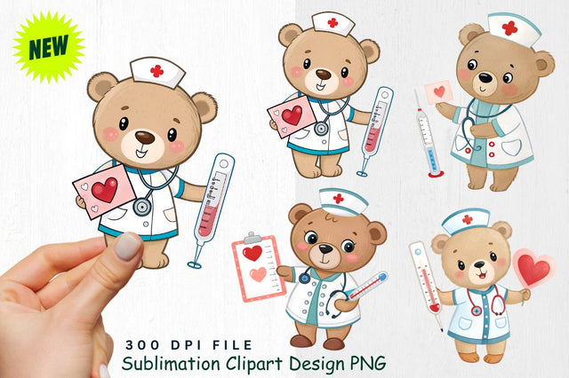 Baby Bear Nurse with Valentine Card and Thermometer Clipart Sublimation Regulrcrative 