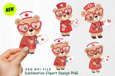 Baby Bear Nurse with Valentine Card Clipart Sublimation Regulrcrative 