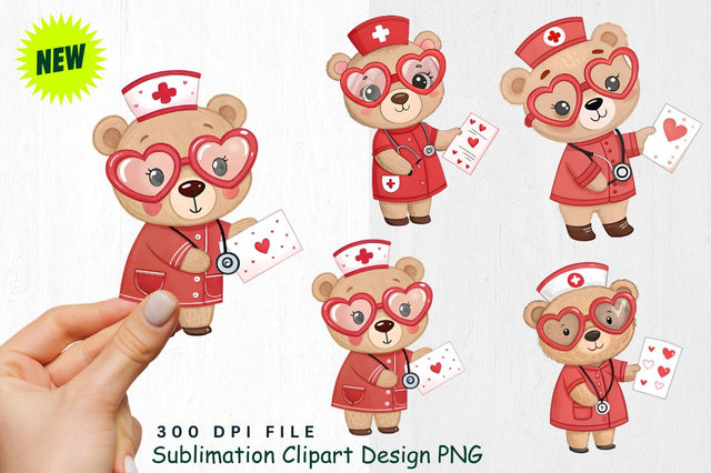 Baby Bear Nurse with Valentine Card Clipart Sublimation Regulrcrative 