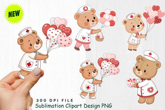 Baby Bear Nurse with Valentine Cotton Balls Clipart Sublimation Regulrcrative 