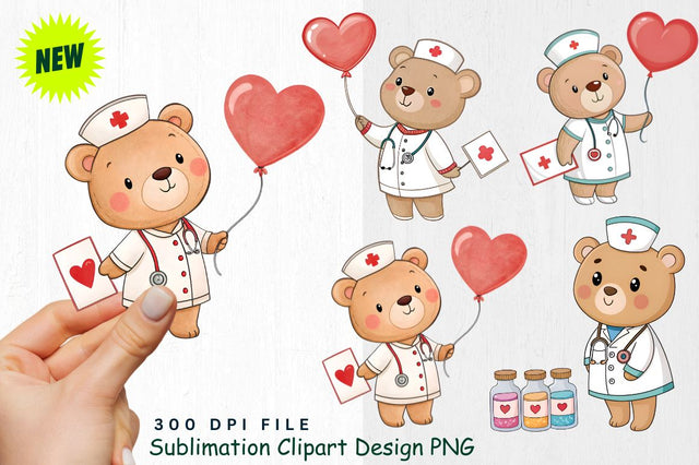 Baby Bear Nurse with Valentine Gifts Clipart Sublimation Regulrcrative 