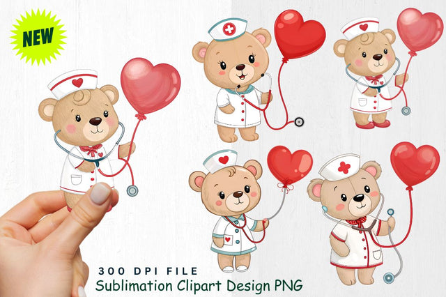 Baby Bear Nurse with Valentine Stethoscope Clipart Sublimation Regulrcrative 