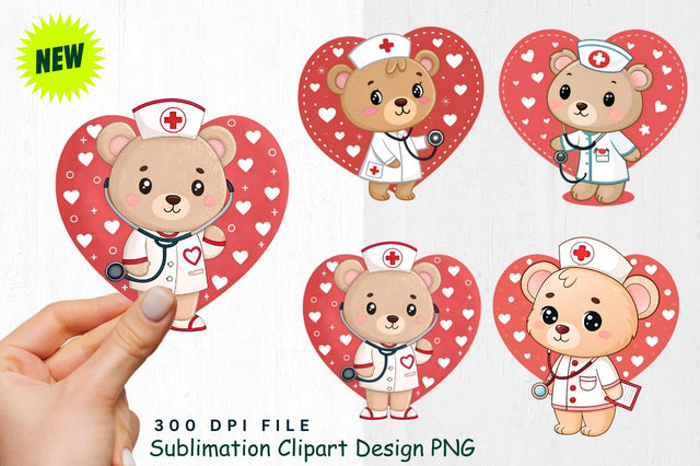 Baby Bear Nurse with Valentine’s Badge Clipart Sublimation Regulrcrative 