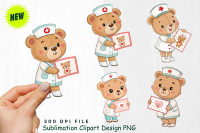Baby Bear Nurse with Valentine's Card and Teddy Bear Clipart Sublimation Regulrcrative 