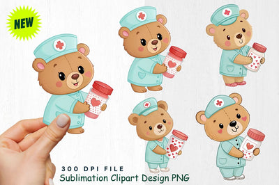 Baby Bear Nurse with Valentine's Heart Pills Clipart Sublimation Regulrcrative 
