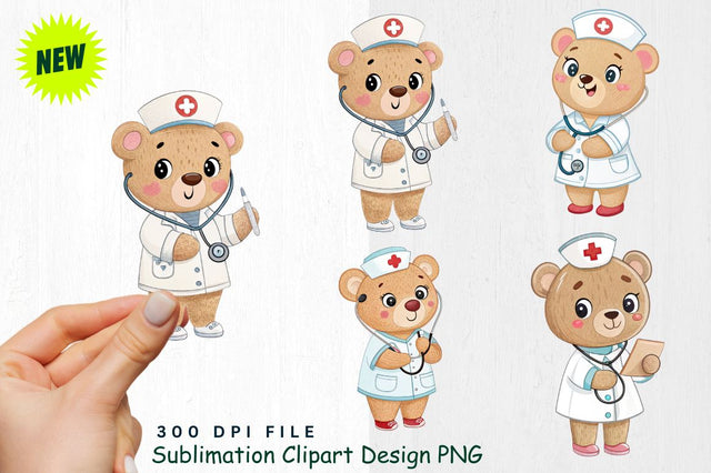 Baby Bear Nurse with Valentine's Hearts and Bandages Clipart Sublimation Regulrcrative 