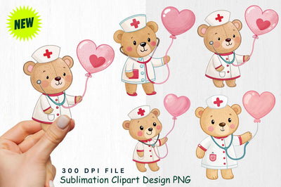 Baby Bear Nurse with Valentine’s Stethoscope and Heart Balloon Clipart Sublimation Regulrcrative 