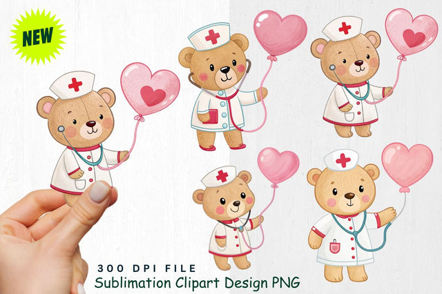 Baby Bear Nurse with Valentine’s Stethoscope and Heart Balloon Clipart Sublimation Regulrcrative 