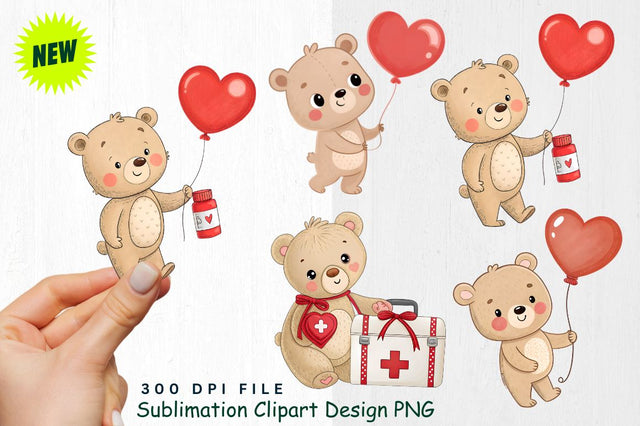 Baby Bear with Heart Balloon and Valentine’s Day Pill Bottle Clipart Sublimation Regulrcrative 