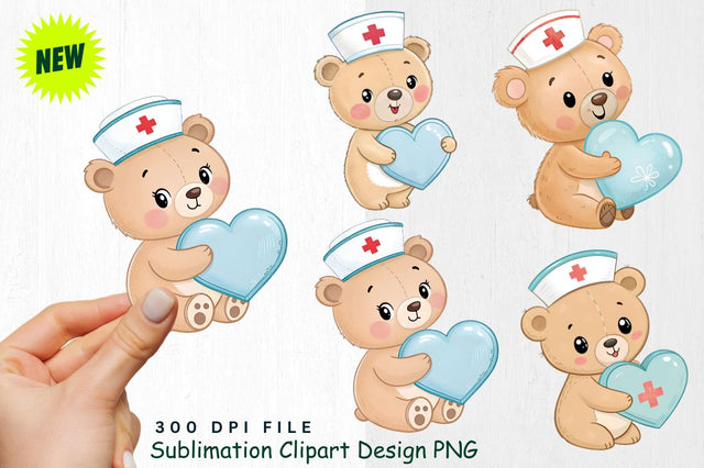Baby Bear with Heart-Shaped Ice Pack and Nurse Cap Clipart Sublimation Regulrcrative 