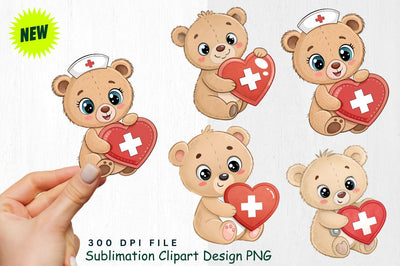 Baby Bear with Heart Shaped Nurse Badge Clipart Sublimation Regulrcrative 