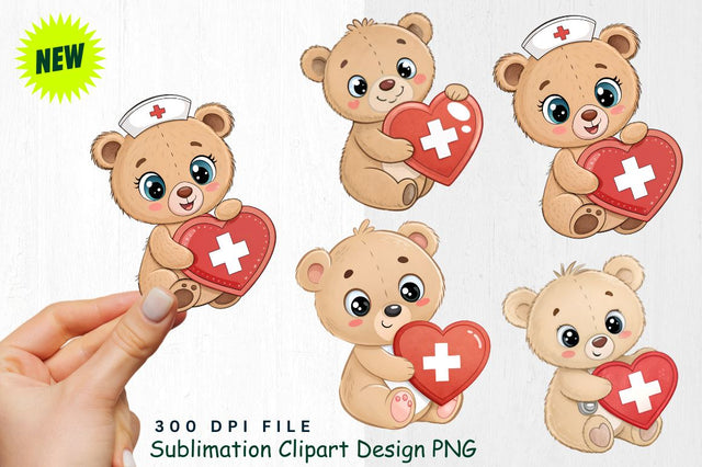 Baby Bear with Heart Shaped Nurse Badge Clipart Sublimation Regulrcrative 