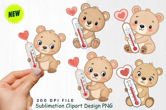 Baby Bear with Heart Shaped Thermometer Clipart Sublimation Regulrcrative 