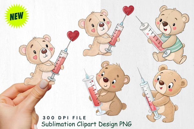 Baby Bear with Heart Syringe and Floating Hearts Clipart Sublimation Regulrcrative 