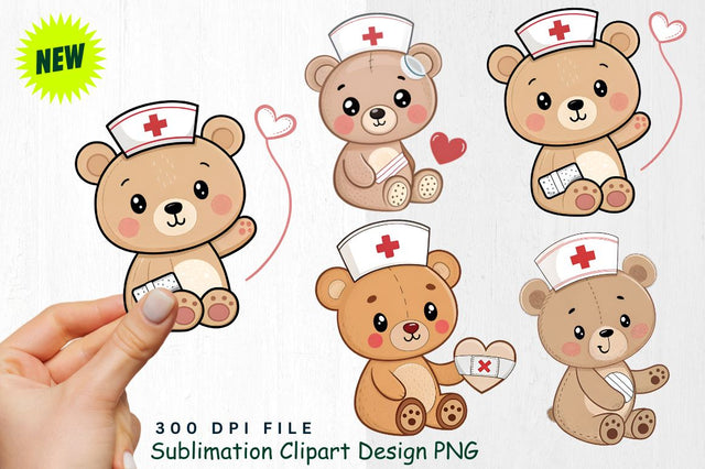 Baby Bear with Nurse Hat and Heart Bandage Clipart Sublimation Regulrcrative 