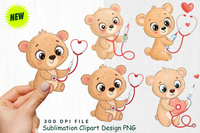 Baby Bear with Stethoscope and Syringe Clipart Sublimation Regulrcrative 