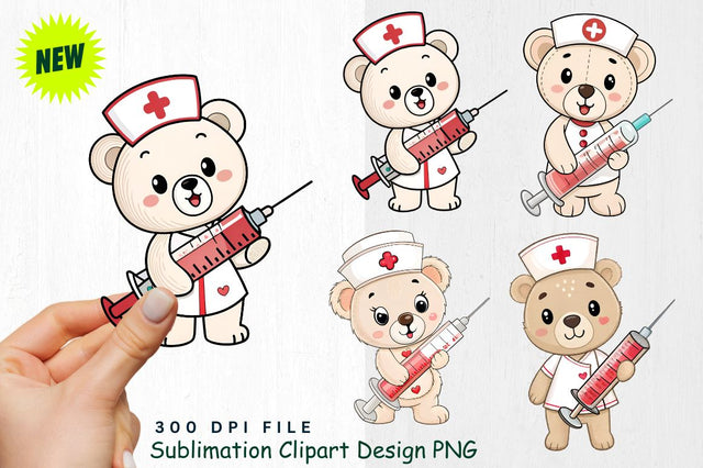Baby Bear with Valentine's Day Nurse Badge and Heart Syringe Clipart Sublimation Regulrcrative 