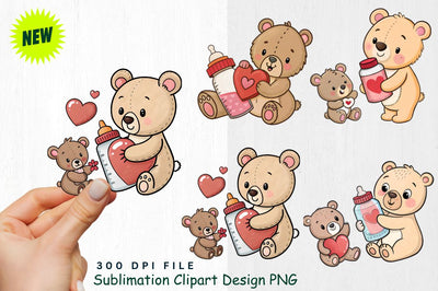Baby Bear with Valentine's Heart Medicine Bottle and Teddy Bear Clipart Sublimation Regulrcrative 