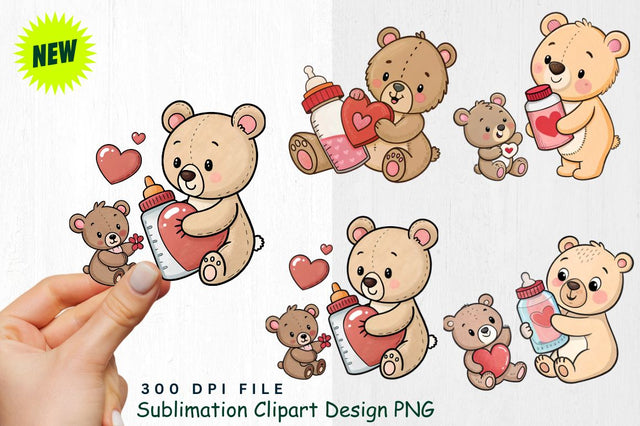 Baby Bear with Valentine's Heart Medicine Bottle and Teddy Bear Clipart Sublimation Regulrcrative 