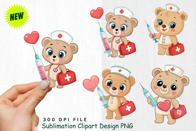 Baby Bear with Valentine's Heart Syringe and Nurse Bag Clipart Sublimation Regulrcrative 