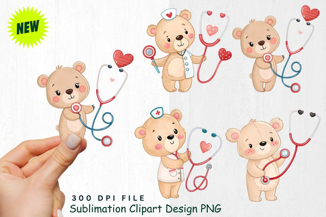 Baby Bear with Valentine's Themed Medical Tools Clipart Sublimation Regulrcrative 