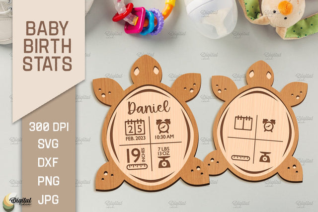Baby Birth Stats Laser Cut. 3D Birth Announcement. Turtle SVG SVG Evgenyia Guschina 
