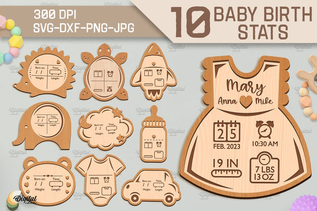 Baby Birth Stats Laser Cut Bundle. 3D Birth Announcement SVG SVG Evgenyia Guschina 