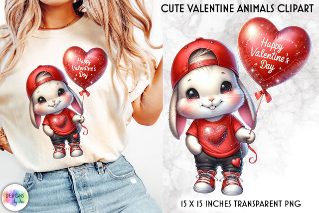 Baby Bunny with Valentine Roses and Balloon, Valentine Clipart Sublimation Designs by Ira 