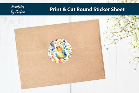 Baby Chick Round Sticker Sheet, Easter Digital Sticker SVG Templates by Pauline 