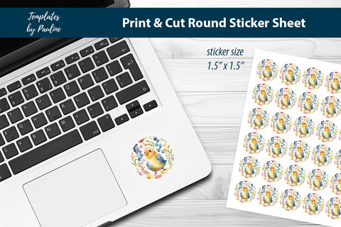 Baby Chick Round Sticker Sheet, Easter Digital Sticker SVG Templates by Pauline 