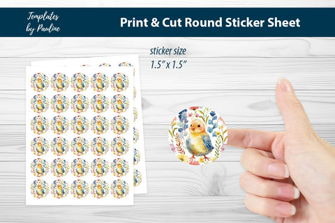Baby Chick Round Sticker Sheet, Easter Digital Sticker SVG Templates by Pauline 