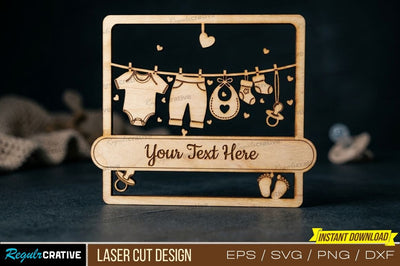 Baby Clothesline Frame Laser Cut Design – Cute Baby Theme with Onesie, Bib & Socks SVG Regulrcrative 