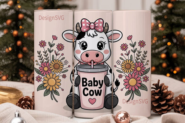 Baby Cow Floral 20oz Tumbler Wrap Sublimation DesignSVG 