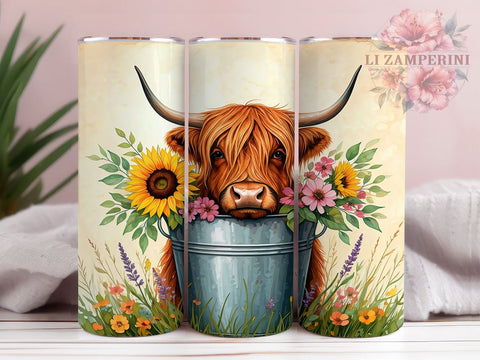Baby Cow in Bucket Purple Sunflower Tumbler Wrap, Highland Cow Tumbler, Purple Flowers Tumbler, Sunflower Drinkware, 20oz Tumbler Wrap, Farm Animal Gift, Cute Cow Decor Sublimation Li Zamperini 