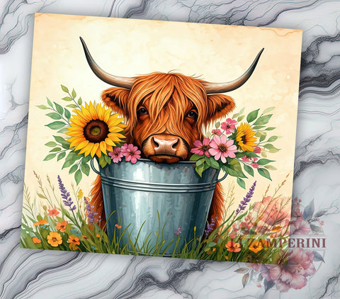 Baby Cow in Bucket Purple Sunflower Tumbler Wrap, Highland Cow Tumbler, Purple Flowers Tumbler, Sunflower Drinkware, 20oz Tumbler Wrap, Farm Animal Gift, Cute Cow Decor Sublimation Li Zamperini 
