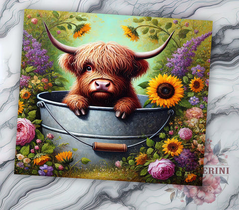Baby Cow in Bucket Purple Sunflower Tumbler Wrap, Highland Cow Tumbler, Purple Flowers Tumbler, Sunflower Drinkware, 20oz Tumbler Wrap, Farm Animal Gift, Cute Cow Decor Sublimation Li Zamperini 