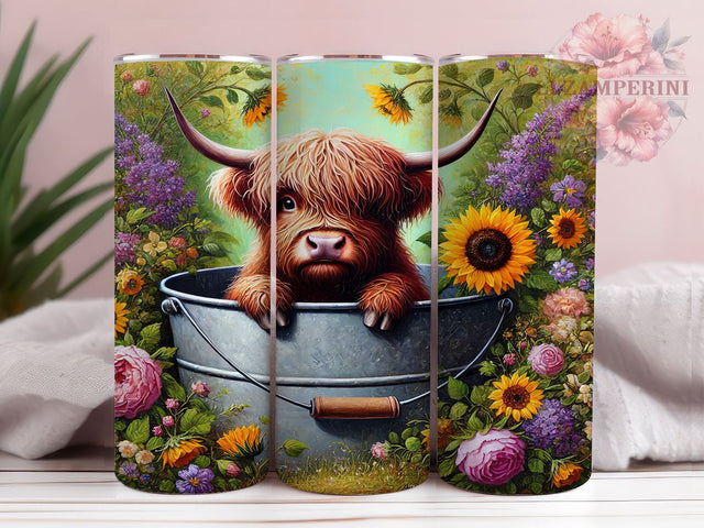 Baby Cow in Bucket Purple Sunflower Tumbler Wrap, Highland Cow Tumbler, Purple Flowers Tumbler, Sunflower Drinkware, 20oz Tumbler Wrap, Farm Animal Gift, Cute Cow Decor Sublimation Li Zamperini 