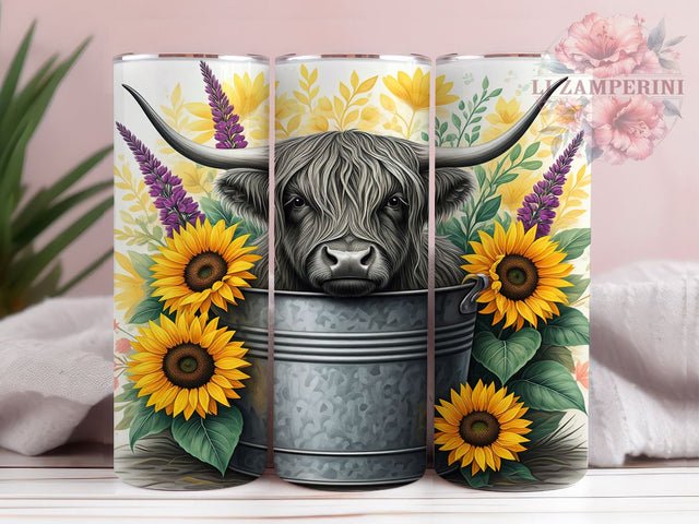 Baby Cow in Bucket Purple Sunflower Tumbler Wrap, Highland Cow Tumbler, Purple Flowers Tumbler, Sunflower Drinkware, 20oz Tumbler Wrap, Farm Animal Gift, Cute Cow Decor Sublimation Li Zamperini 