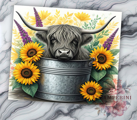 Baby Cow in Bucket Purple Sunflower Tumbler Wrap, Highland Cow Tumbler, Purple Flowers Tumbler, Sunflower Drinkware, 20oz Tumbler Wrap, Farm Animal Gift, Cute Cow Decor Sublimation Li Zamperini 