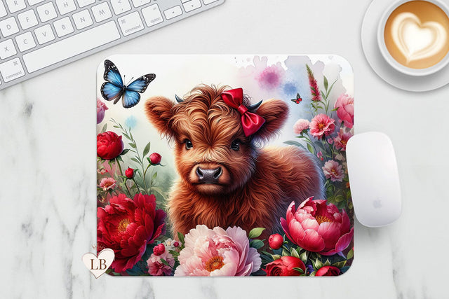 Baby Cow Mouse Pad - Cow & Peony Mousepad Sublimation Sublimation BijouBay 