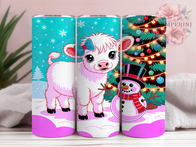 Baby Cow Snowman Christmas Tumbler, Snowman Holiday Wrap, Christmas Tree Design, Sublimation Cup, 20oz Skinny Tumbler, Cute Winter Animal Drinkware, Festive Farmhouse Style Sublimation Li Zamperini 