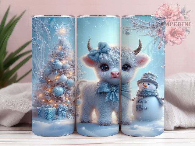 Baby Cow Snowman Christmas Tumbler, Snowman Holiday Wrap, Christmas Tree Design, Sublimation Cup, 20oz Skinny Tumbler, Cute Winter Animal Drinkware, Festive Farmhouse Style Sublimation Li Zamperini 