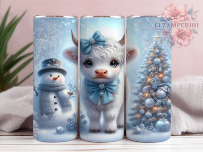 Baby Cow Snowman Christmas Tumbler, Snowman Holiday Wrap, Christmas Tree Design, Sublimation Cup, 20oz Skinny Tumbler, Cute Winter Animal Drinkware, Festive Farmhouse Style Sublimation Li Zamperini 