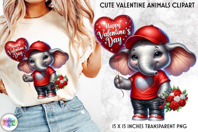 Baby Elephant with Red Balloon and Roses, Valentines Day Clipart Sublimation Designs by Ira 