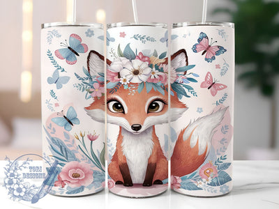 Baby Fox 20oz Skinny Tumbler PNG, Flowers Animal Tumbler Sublimation Wrap, Straight & Tapered Tumbler Wrap, Instant Digital Download Sublimation ToriDesigns 