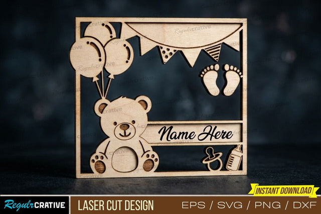 Baby Frame Laser Cut Design – Cute Baby Theme with Balloons, Teddy Bear & Décor SVG Regulrcrative 