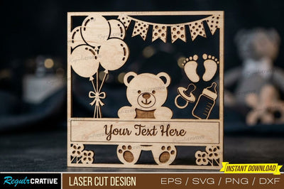 Baby Frame Laser Cut Design – Cute Baby Theme with Balloons, Teddy Bear & Décor SVG Regulrcrative 
