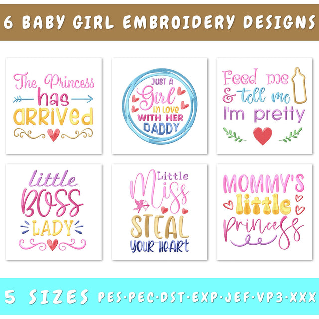 Baby Girl Embroidery Designs Bundle - 6 Designs, Little Miss Steal Your Heart, Mommy's Little Princess, Little Boss Lady Embroidery Embroidery/Applique DESIGNS HappyDesignStudio 