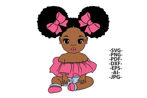 Baby Girl SVG with 5 Glitter Outfi Designst and Afro Puffs | Cute Black Princess Clipart for Sublimation, Baby Shower, Cricut, DXF, PNG File SVG 1uniqueminute 