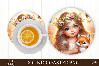 Baby Girl with Foxy PNG. Round Coaster Sublimation Sublimation Olga Terlyanskaya 